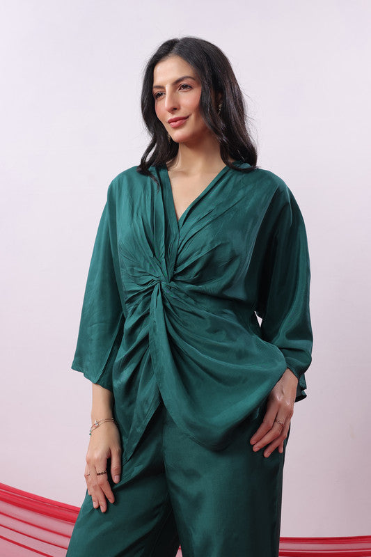 Emerald Green Solid Twist Front Elegant Co-ord Set