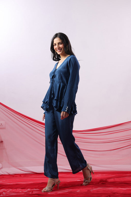 Navy Blue Solid Lace-Up Front Co-Ord Set