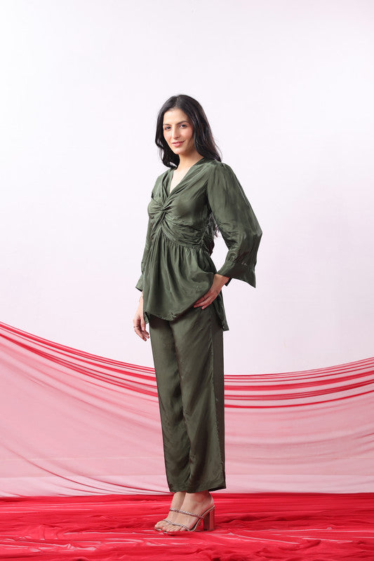 Olive Green Solid Twist Front Knot Co-Ord Set