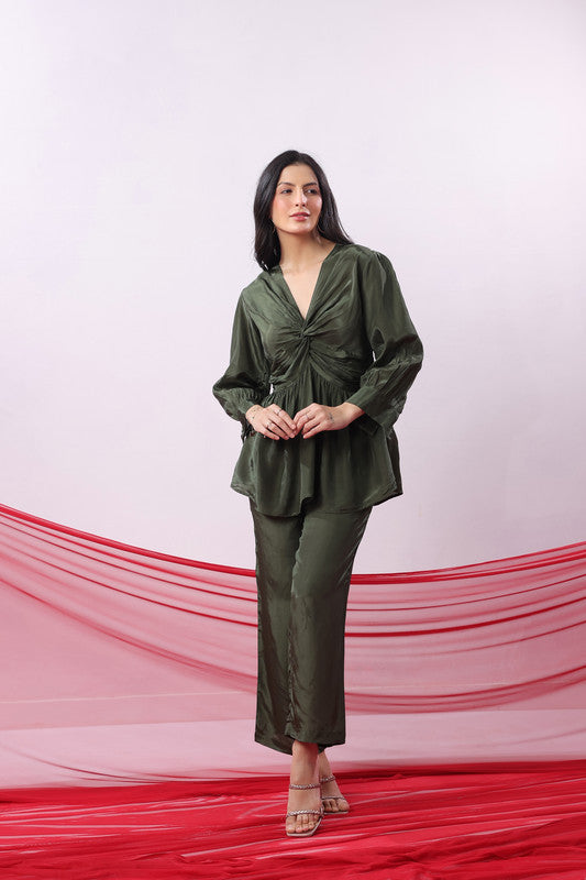 Olive Green Solid Twist Front Knot Co-Ord Set