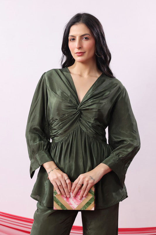 Olive Green Solid Twist Front Knot Co-Ord Set