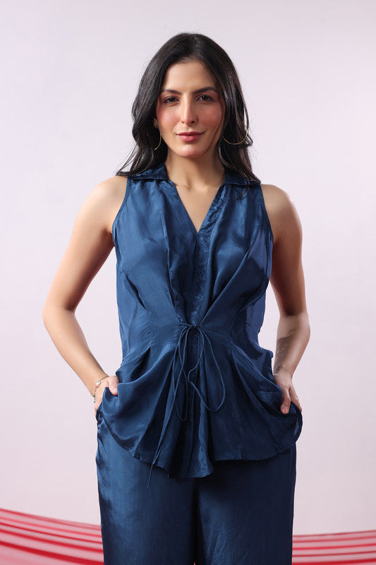 Navy Blue Solid Sleeveless Tie-Up Co-Ord Set