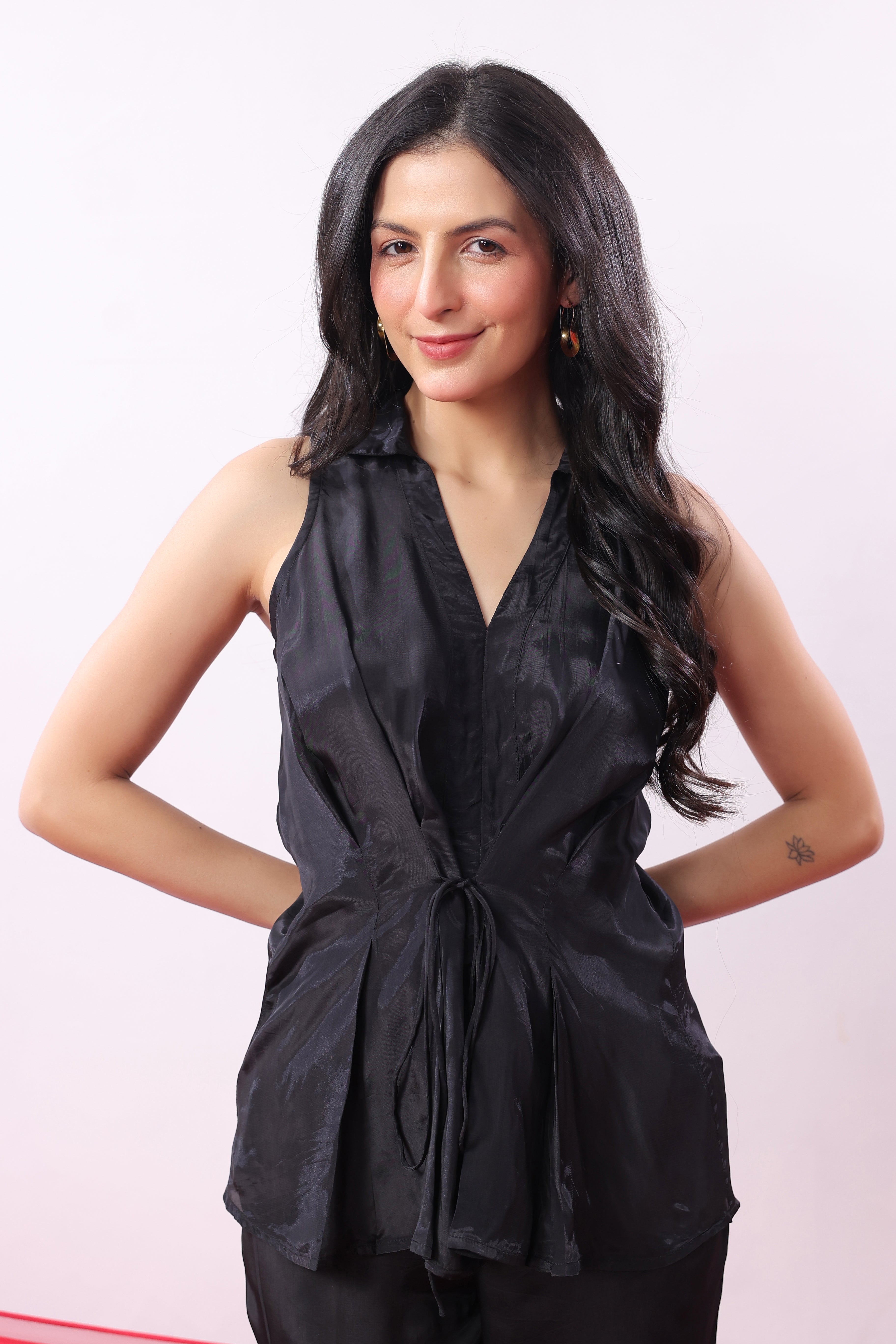 Black Solid Front Knot Sleeveless Co-ord Set