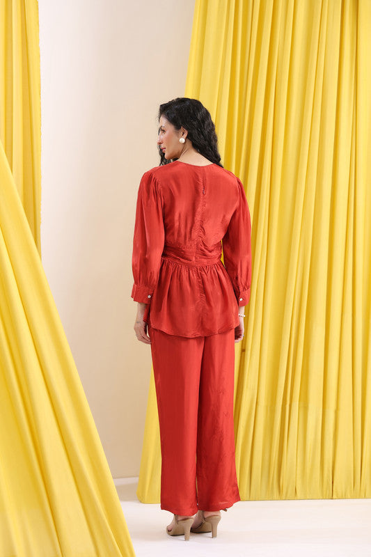 Rust Solid Elegant Front Twist Detail Co-ord Set