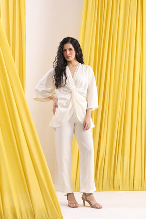 Off-White Solid Front Knot Wrap Style Russian Silk Co-ord Set
