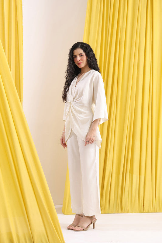 Off-White Solid Front Knot Wrap Style Co-ord Set