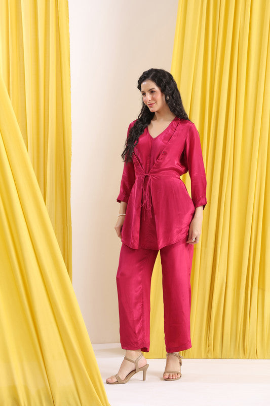 Pink Solid Wrap Tie-Up Co-ord Set