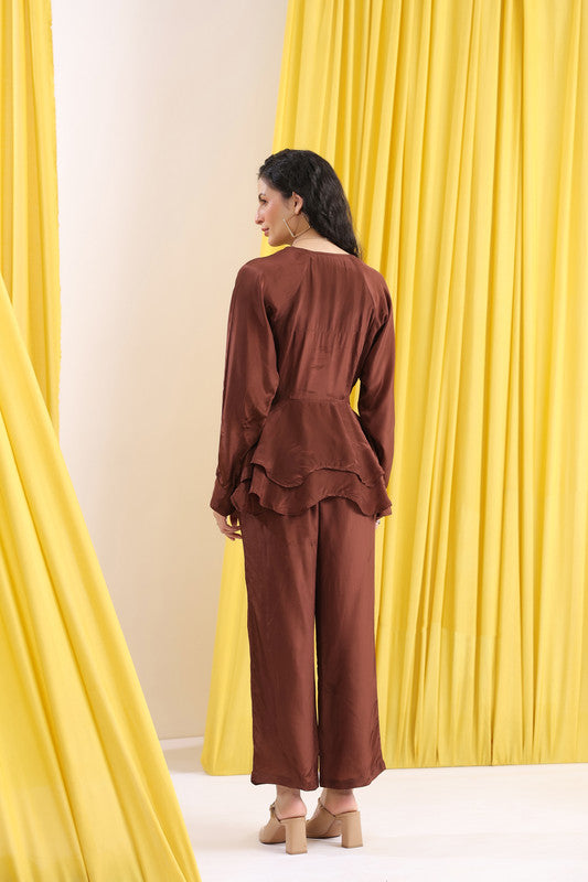 Brown Solid Layered Peplum Co-ord Set