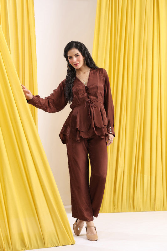 Brown Solid Layered Peplum Co-ord Set