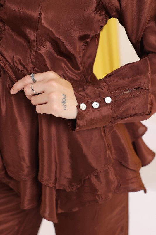 Brown Solid Layered Peplum Co-ord Set