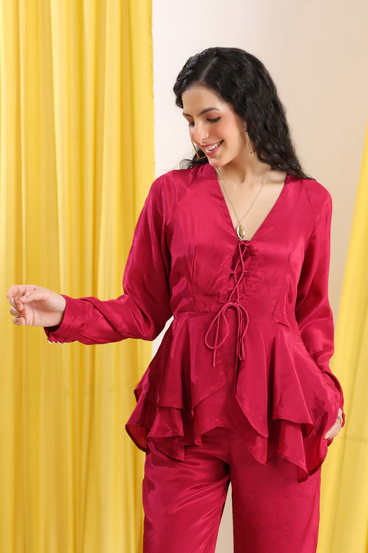 Wine Solid Layered Peplum Tie-Up Co-ord Set