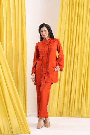 Burnt Rust Solid Casual Russian Silk Co-ord Set