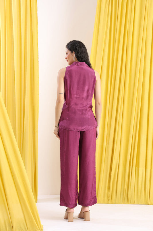 Purple Solid Sleeveless Tie-Up Waist Co-Ord Set