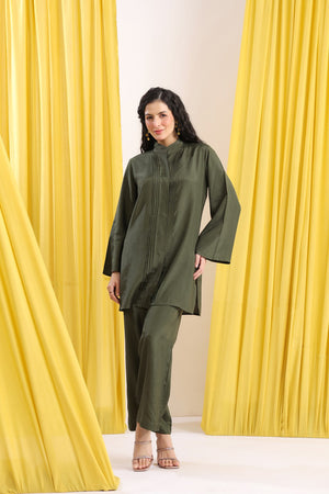 Olive Green Solid Minimal Russian Silk Co-ord Set