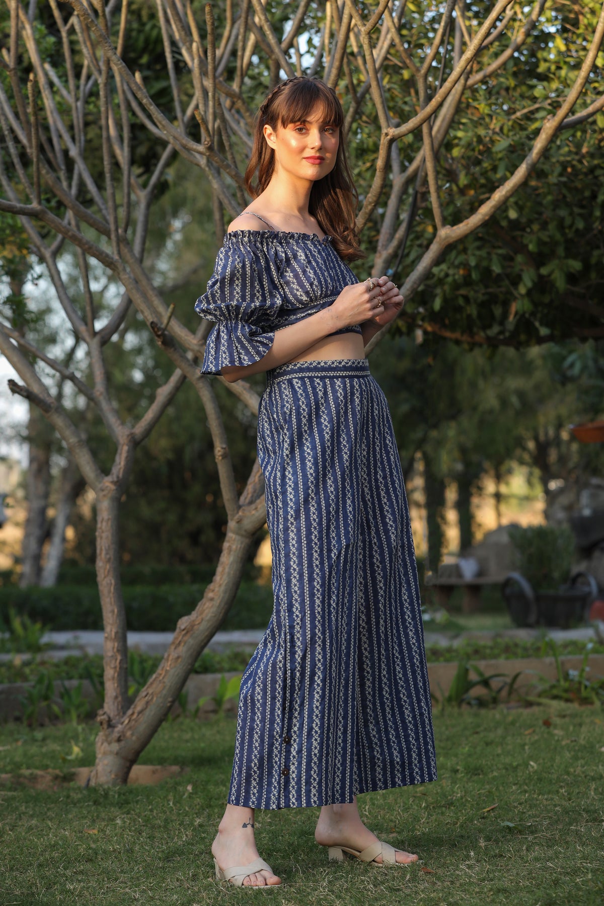 Shibori on Off-shoulder Blue Cotton Co-ord set