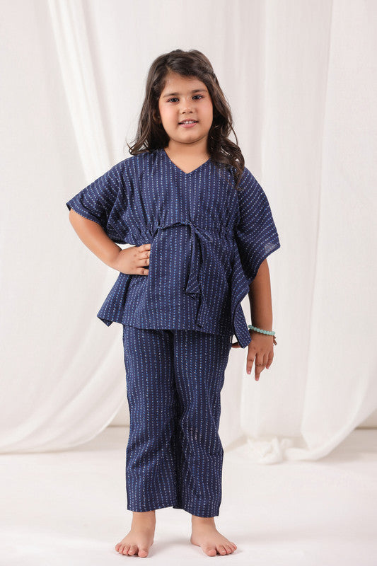 Dotted Kimono Navy Blue Cotton Kaftan Pyjama Set