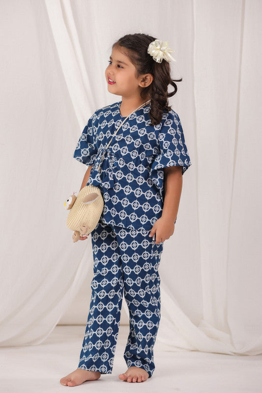 Geometric Print Navy Blue Cotton Kaftan Pyjama Set