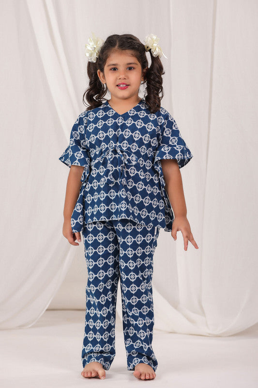 Geometric Print Navy Blue Cotton Kaftan Pyjama Set