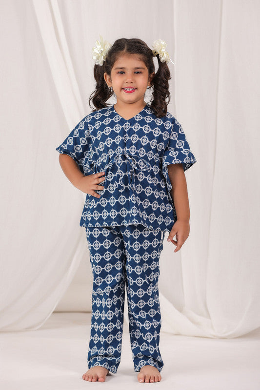 Geometric Print Navy Blue Cotton Kaftan Pyjama Set