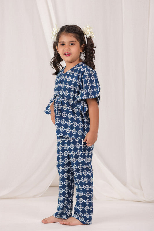 Geometric Print Navy Blue Cotton Kaftan Pyjama Set