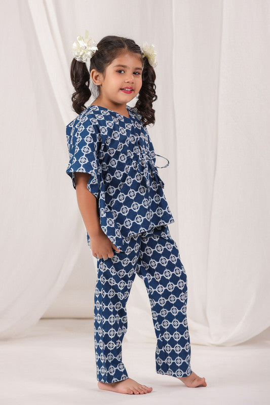 Geometric Print Navy Blue Cotton Kaftan Pyjama Set