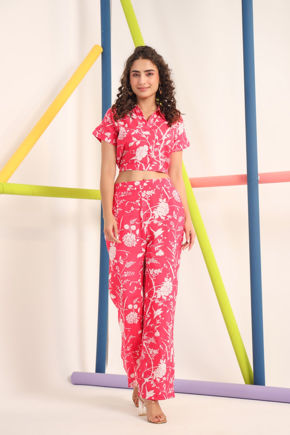 White Twines on Pink Cotton Co-ord Set