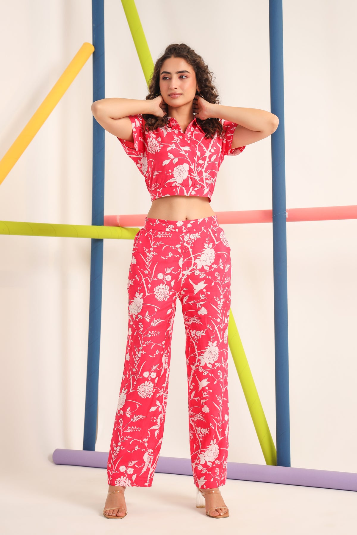White Twines on Pink Cotton Co-ord Set
