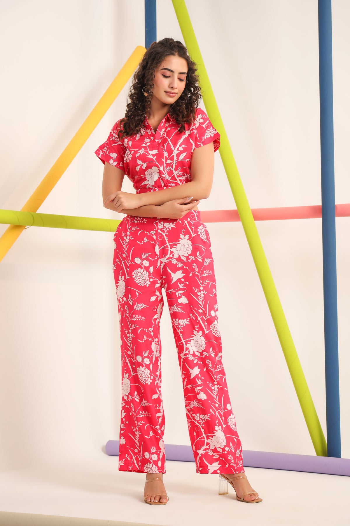 White Twines on Pink Cotton Co-ord Set