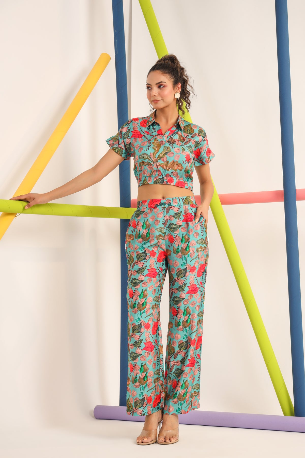Robin Teal Muslin Silk Crop Top Set