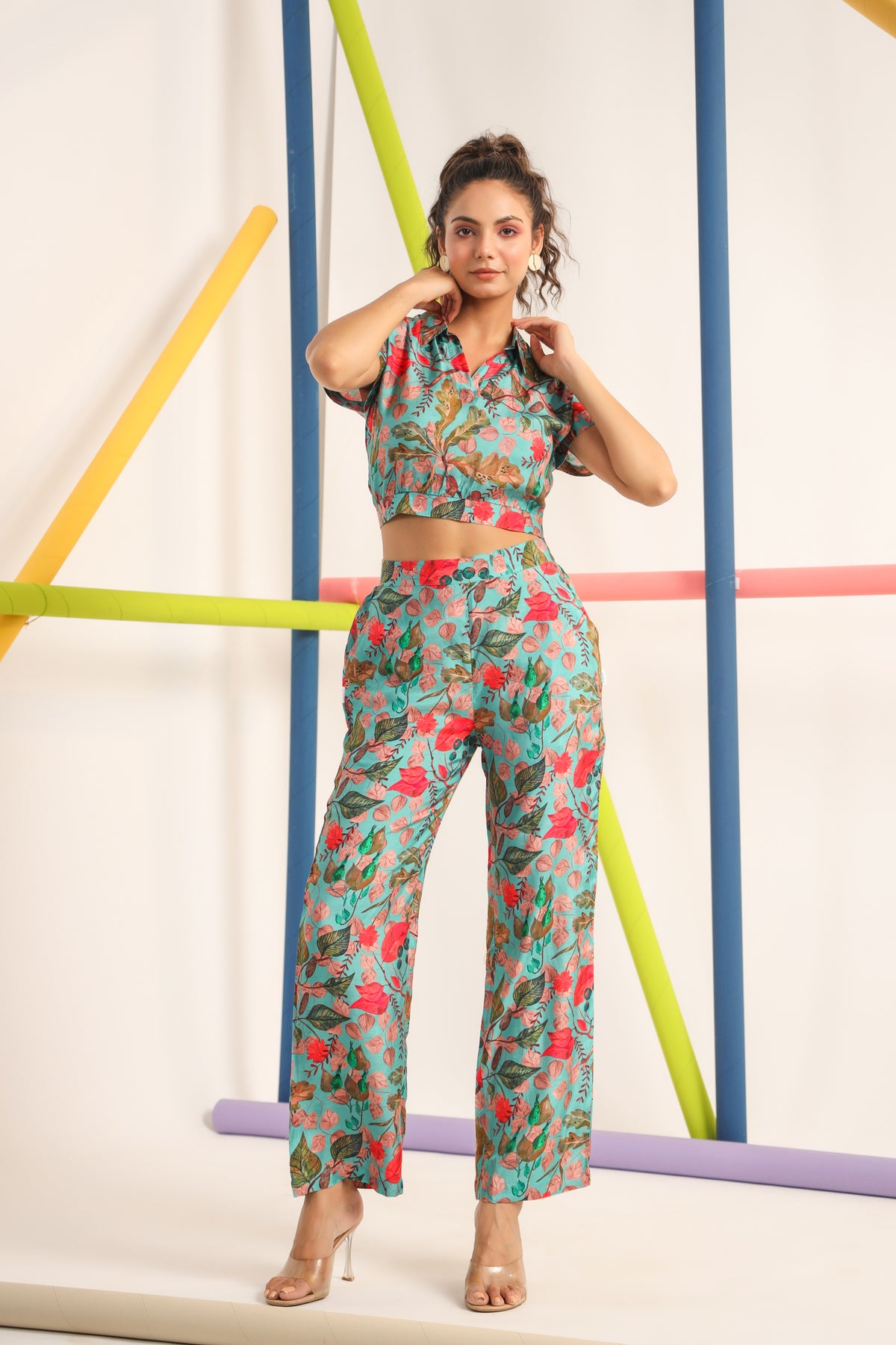 Robin Teal Muslin Silk Crop Top Set