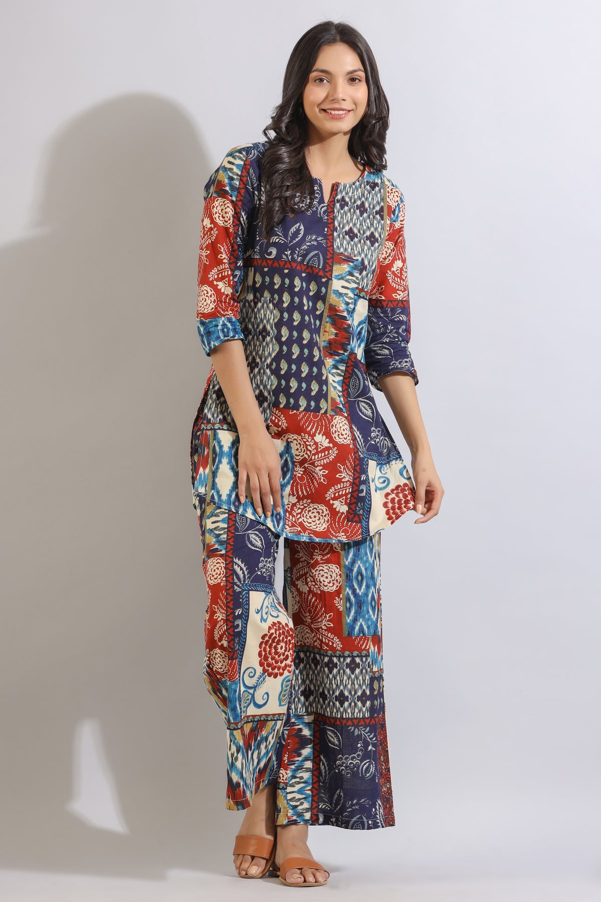 Floral Patches on Printed Cotton Palazzo Loungewear Set