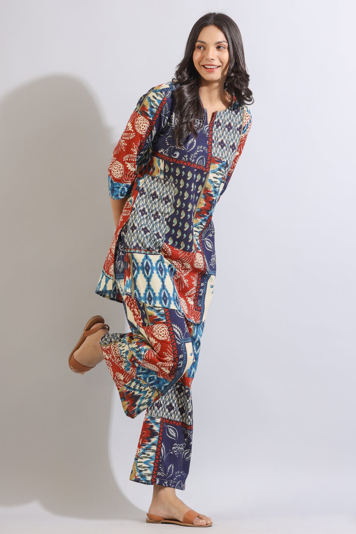 Floral Patches on Printed Cotton Palazzo Loungewear Set