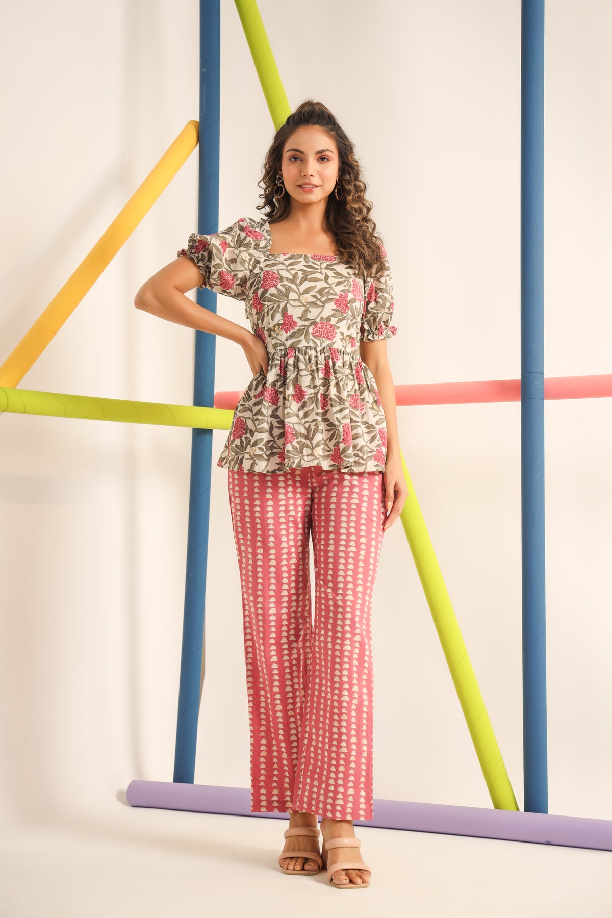 Carnation with Abstract Pink Cotton Co-ord set