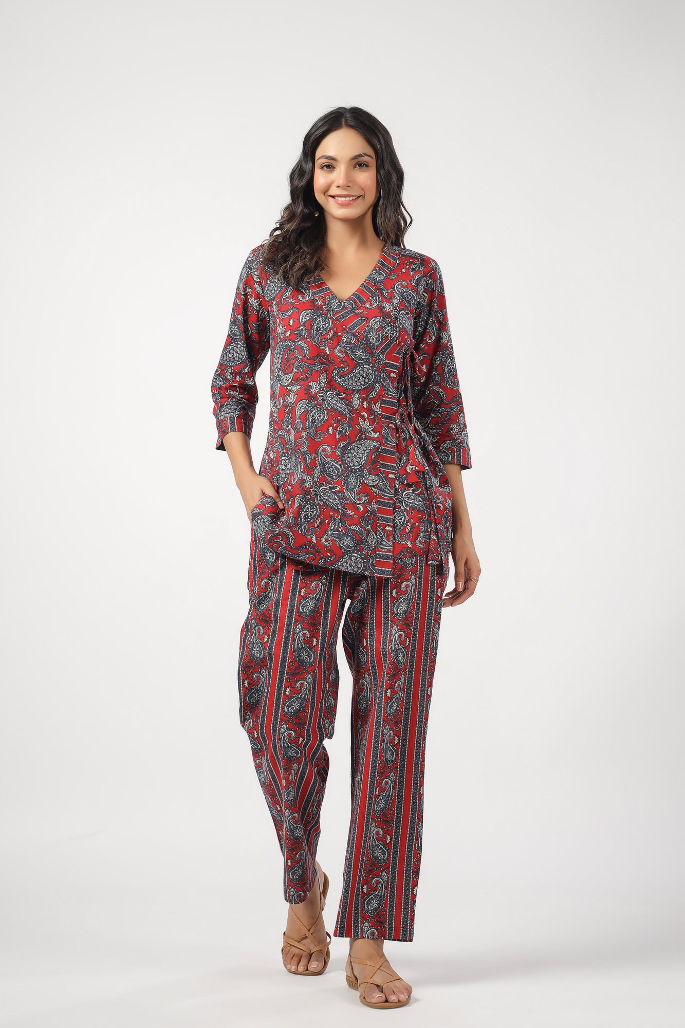 Paisley Park on Red Cotton Loungewear Top Set