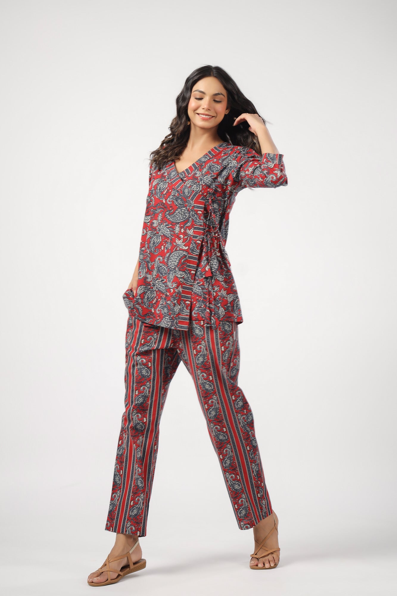 Paisley Park on Red Cotton Loungewear Top Set