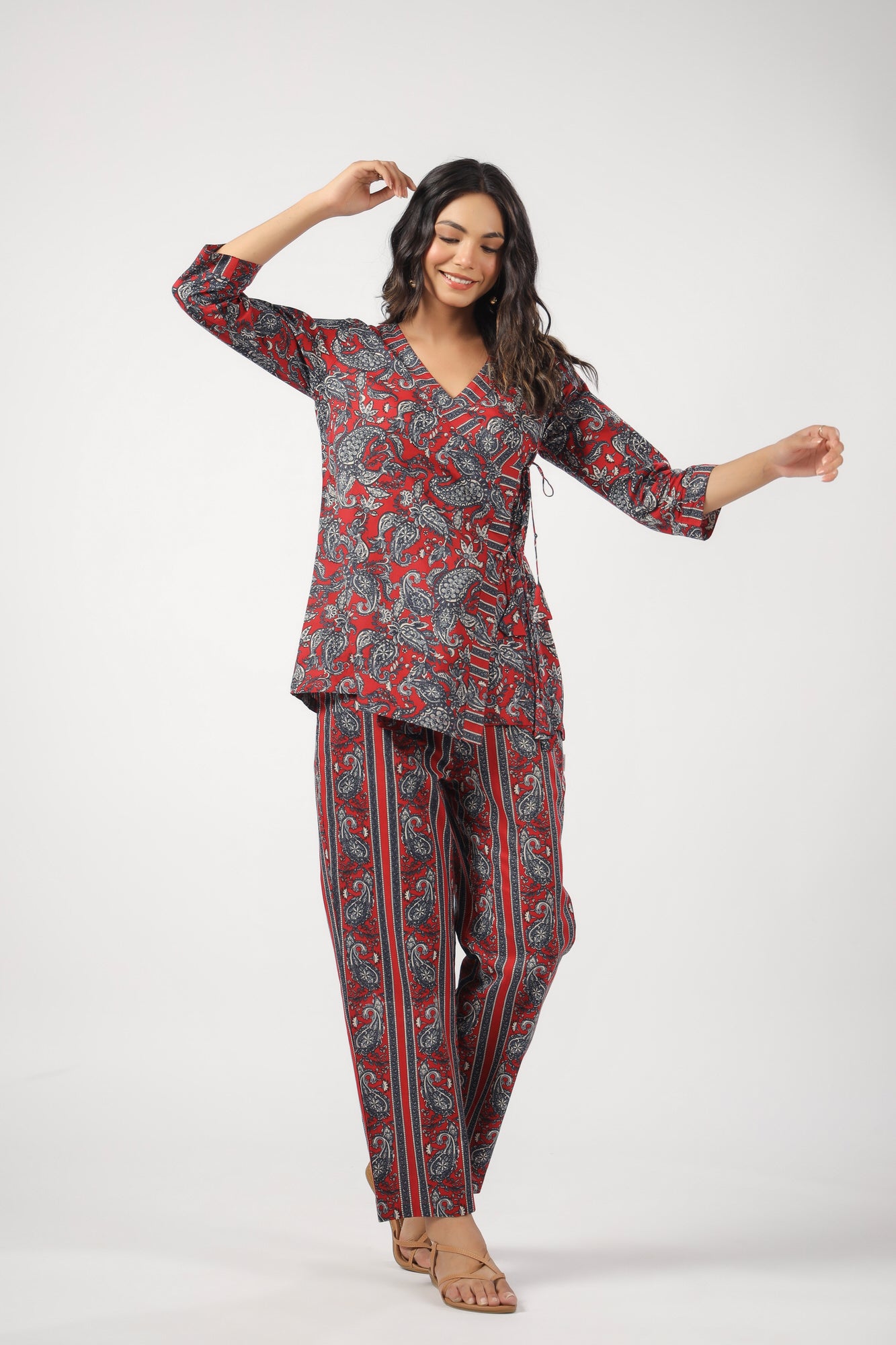 Paisley Park on Red Cotton Loungewear Top Set