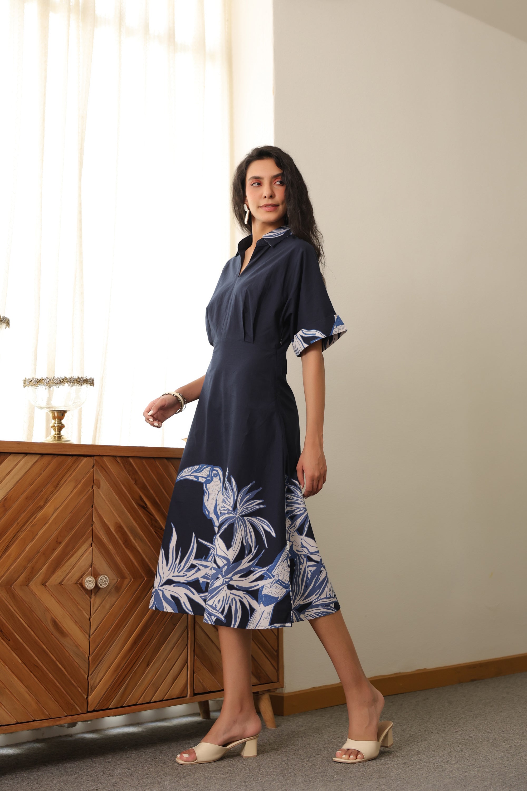 Indigo Birdscape Cotton Dress