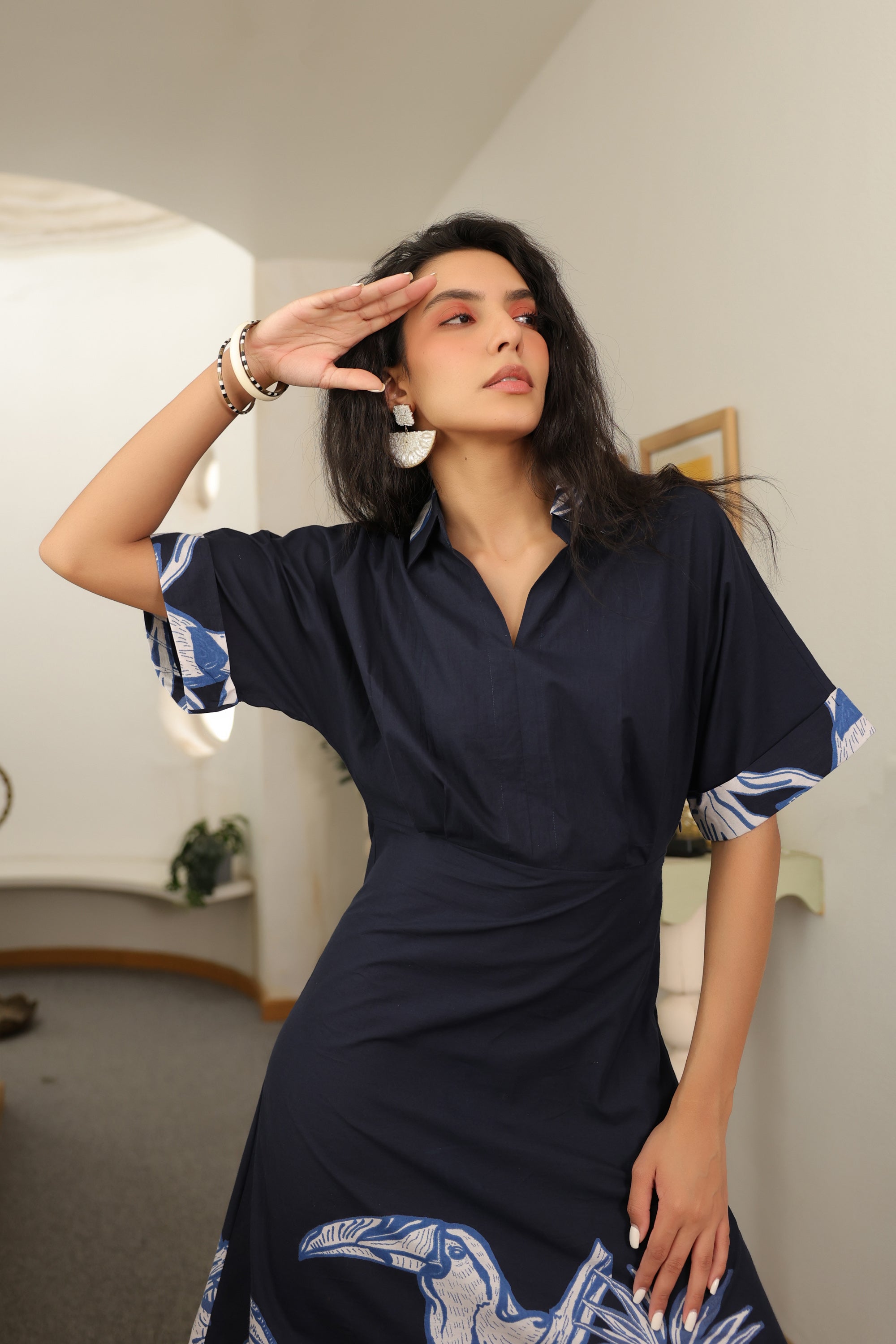 Indigo Birdscape Cotton Dress