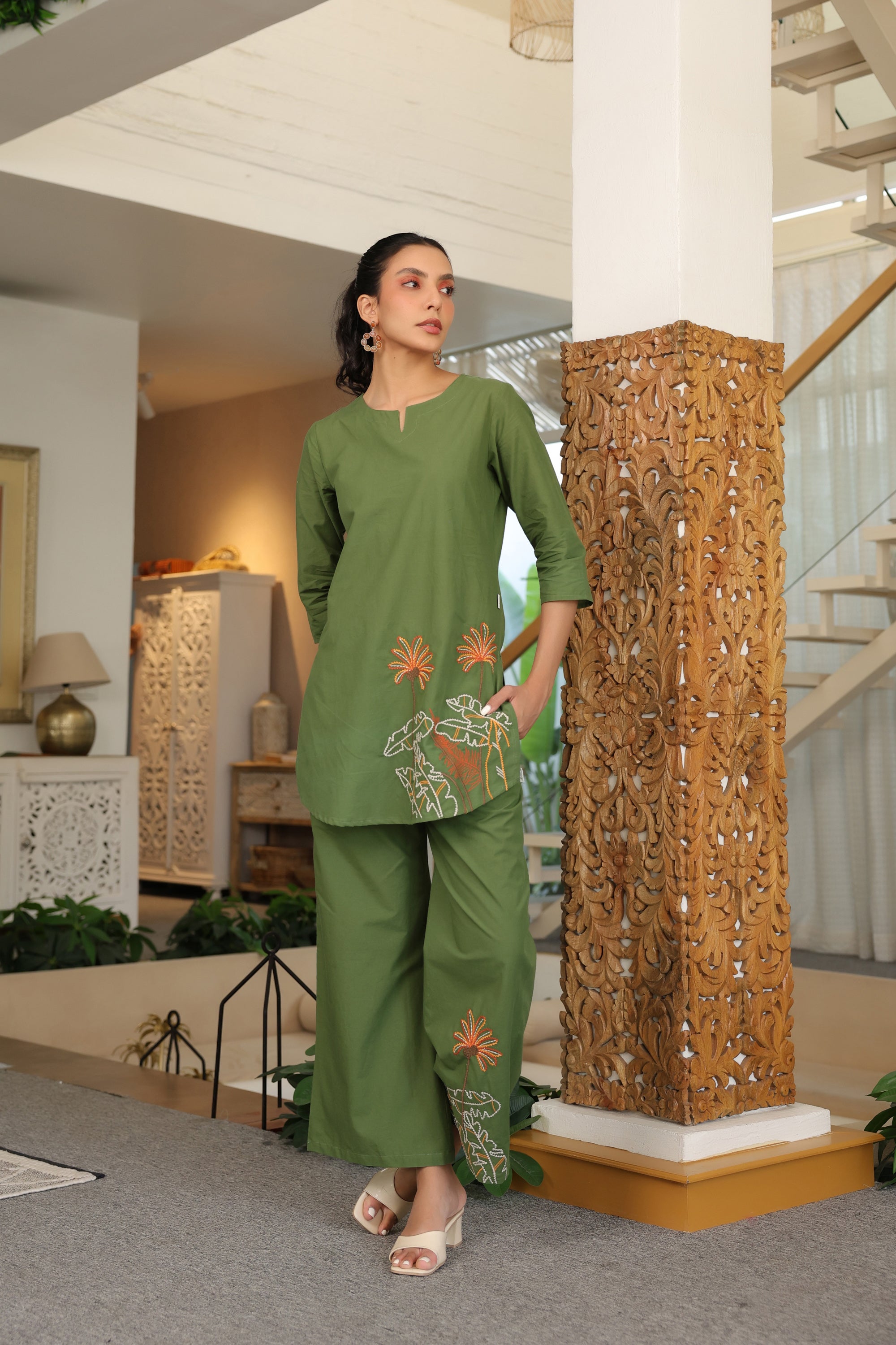 Palm Olive Embroidered Cotton Co-ord Set