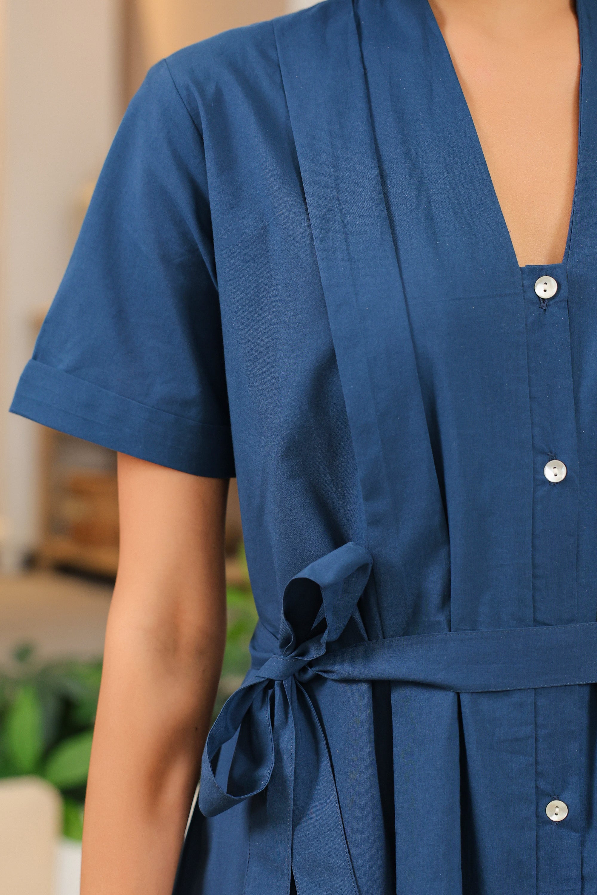 Midnight Breeze Belted Midi Cotton Dress