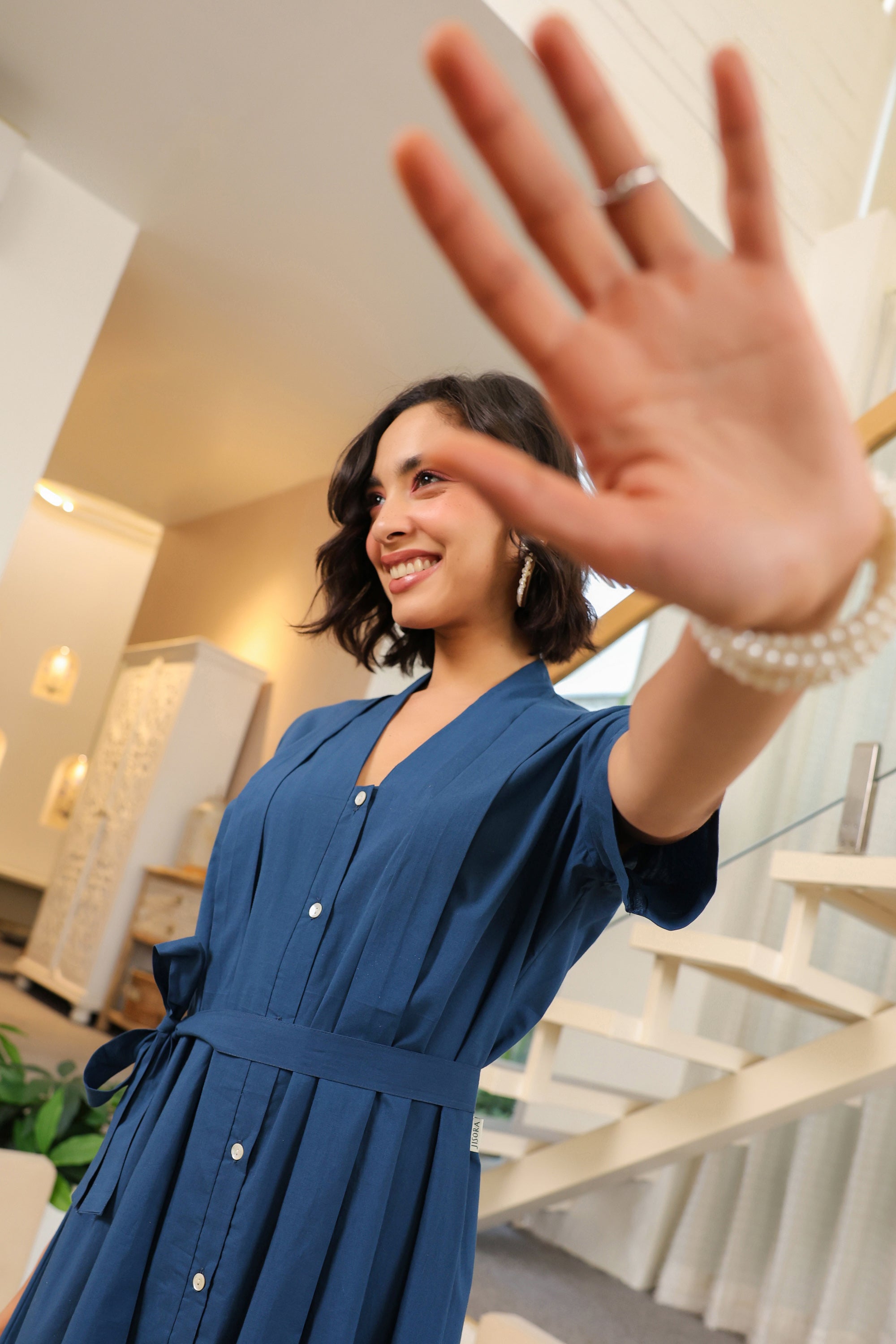 Midnight Breeze Belted Midi Cotton Dress