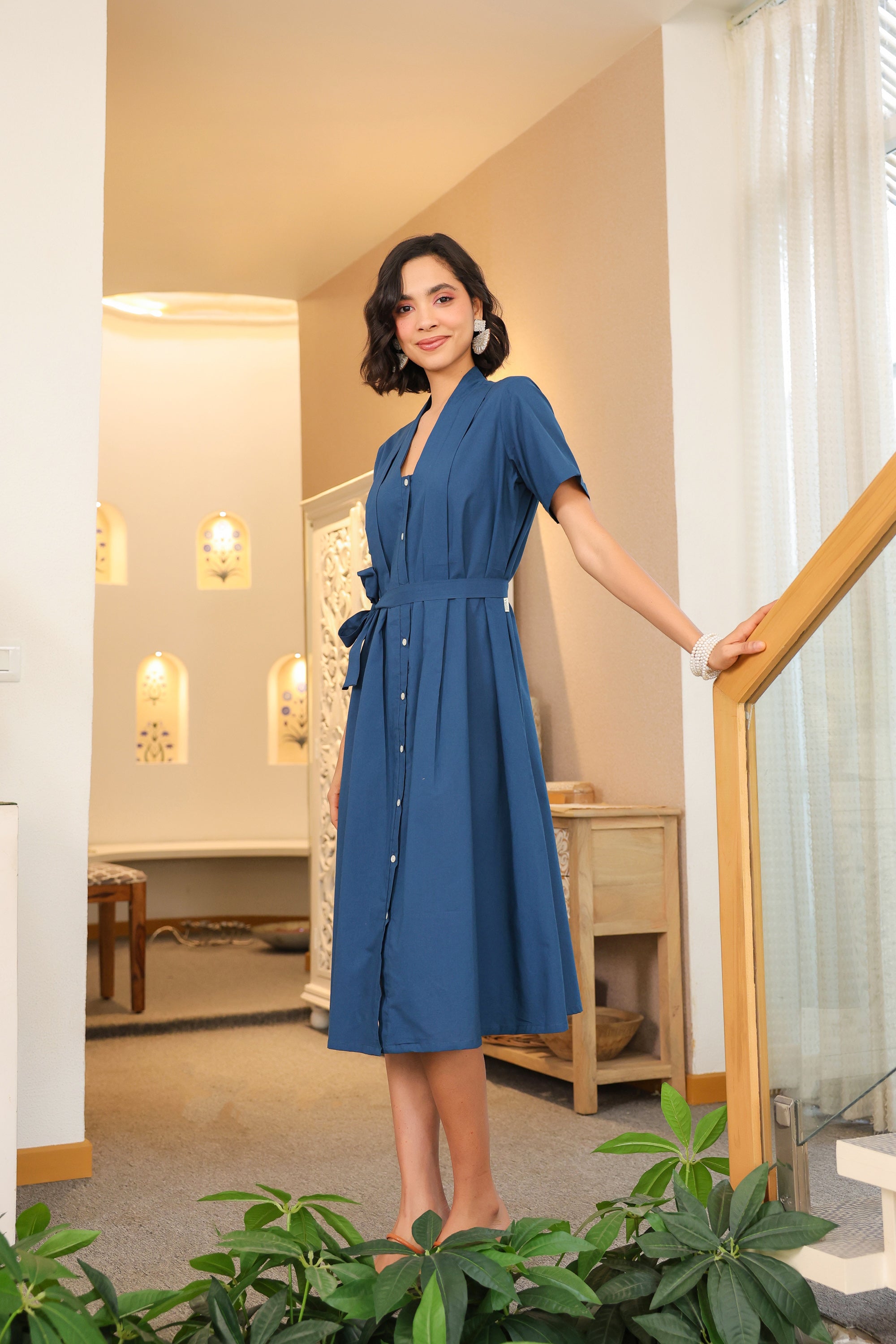 Midnight Breeze Belted Midi Cotton Dress