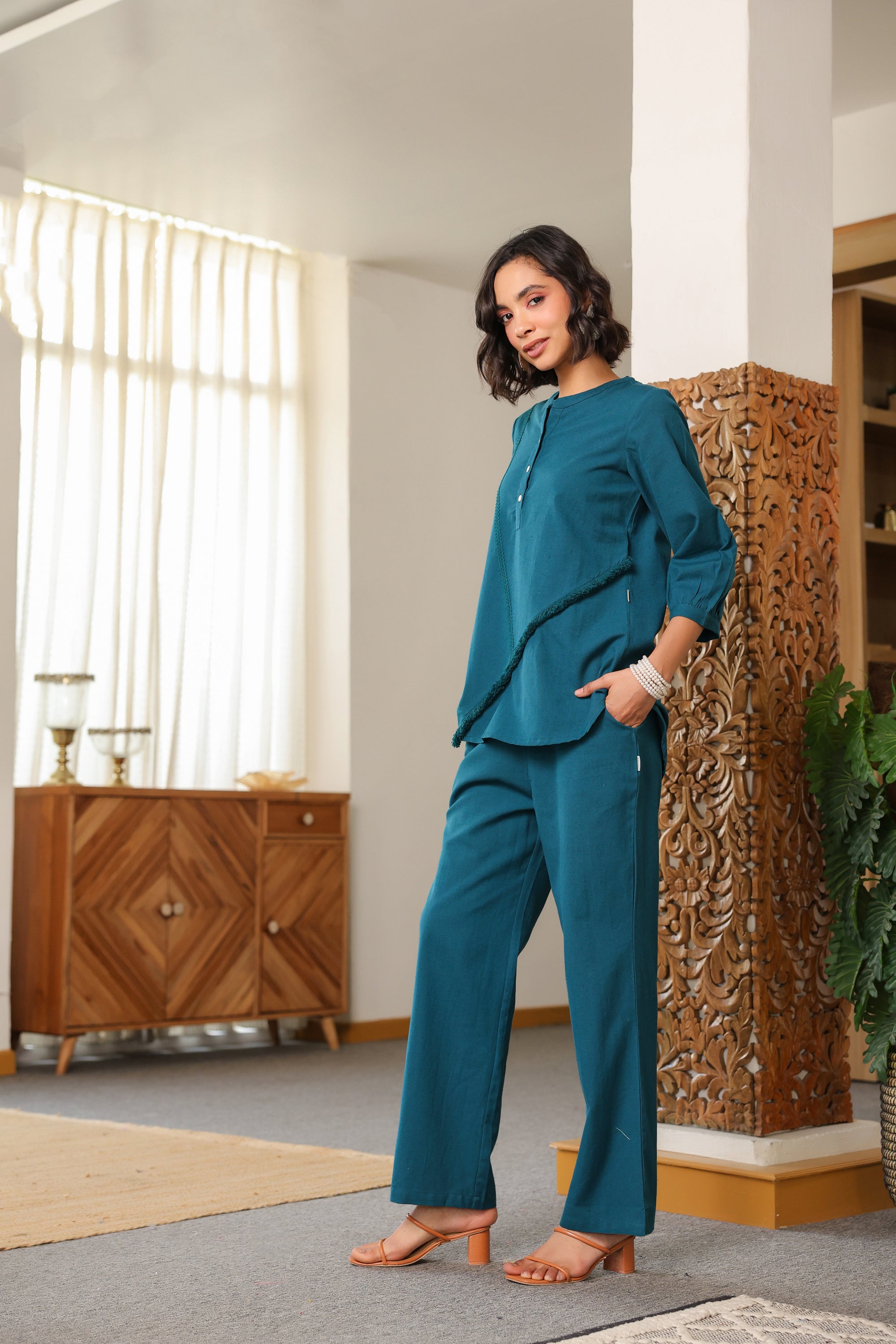 Teal Tranquility Fringe Detail Cotton Flex Co-ord Set