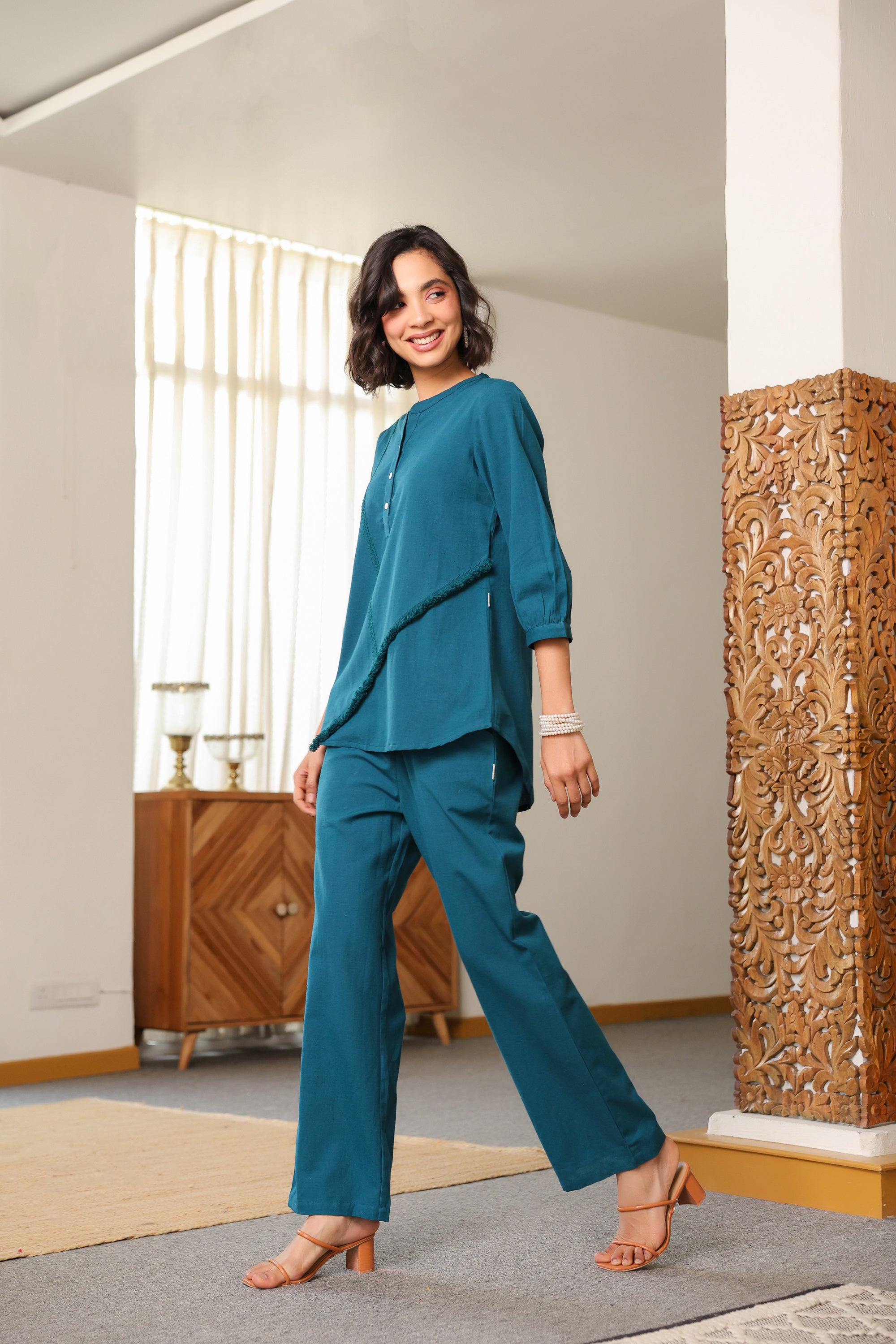 Teal Tranquility Fringe Detail Cotton Flex Co-ord Set