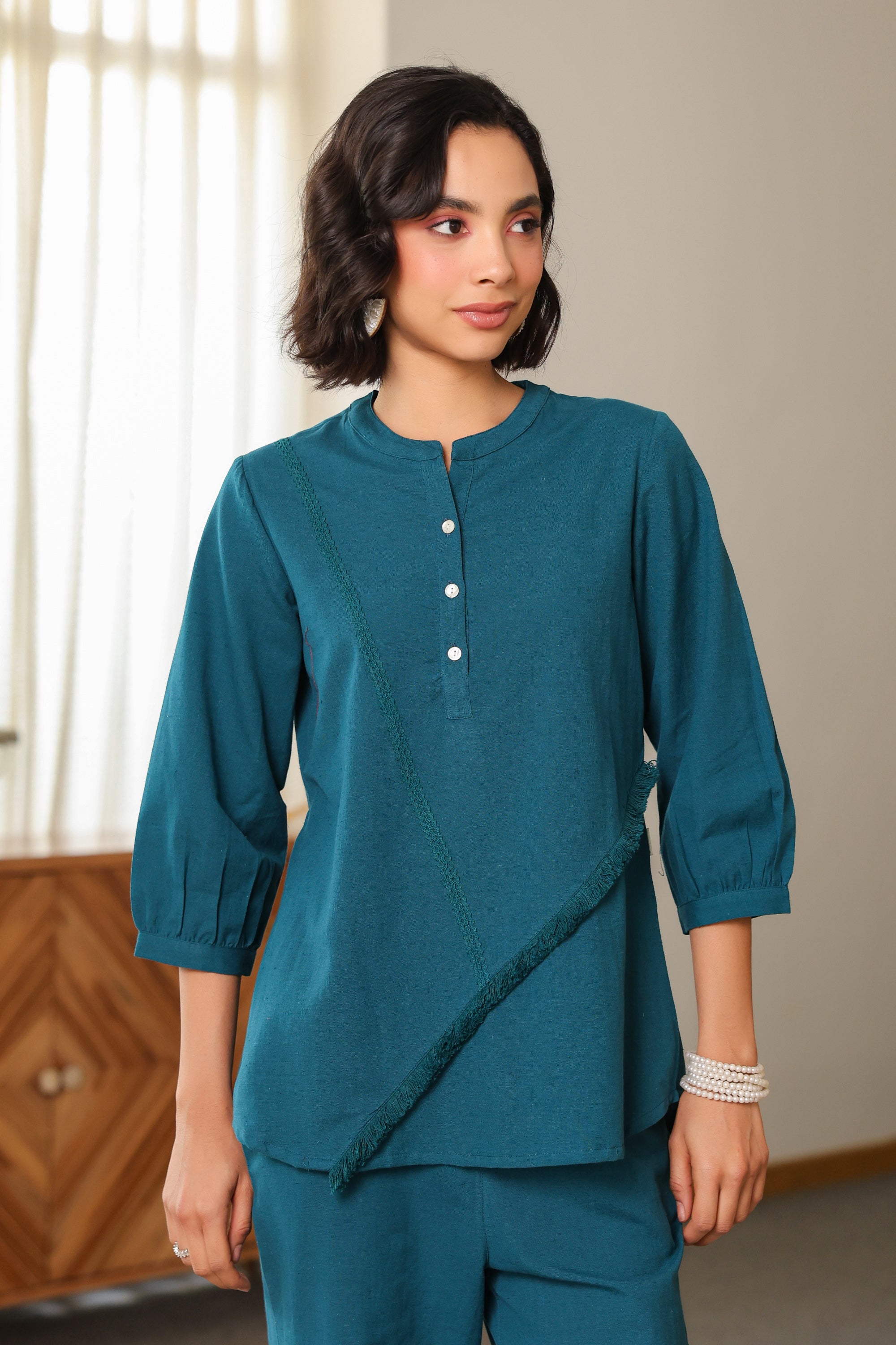 Teal Tranquility Fringe Detail Cotton Flex Co-ord Set