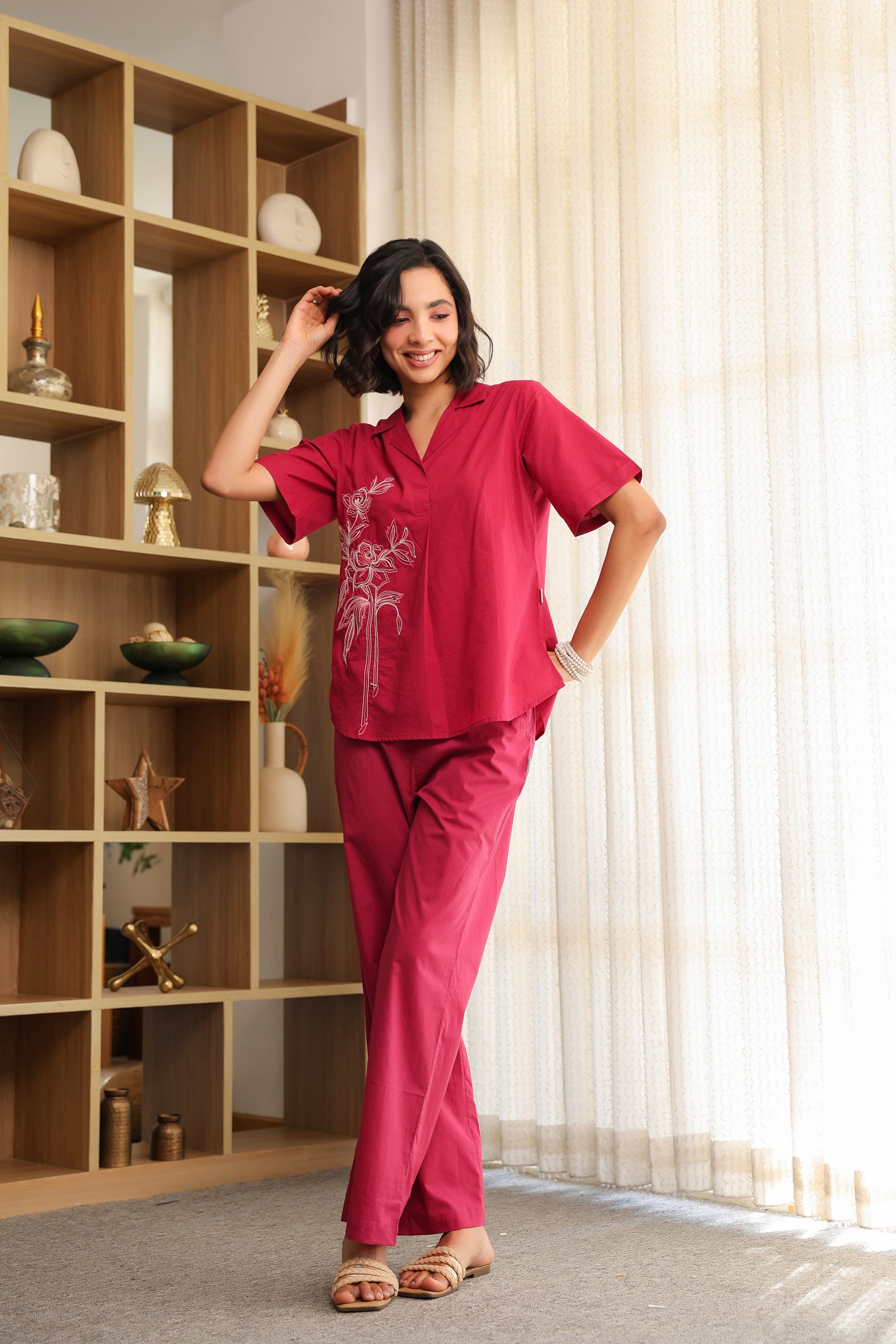 Pink Rosette Charm Embroidered Cotton Co-ord Set