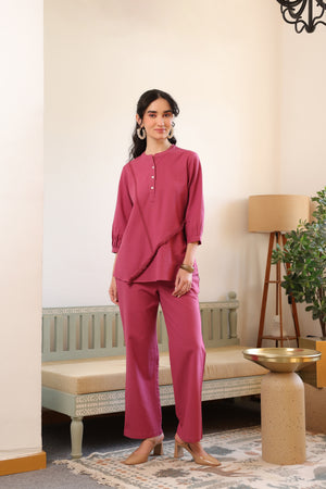Dusky Berry Fringe Detail Cotton Flex Co-ord Set