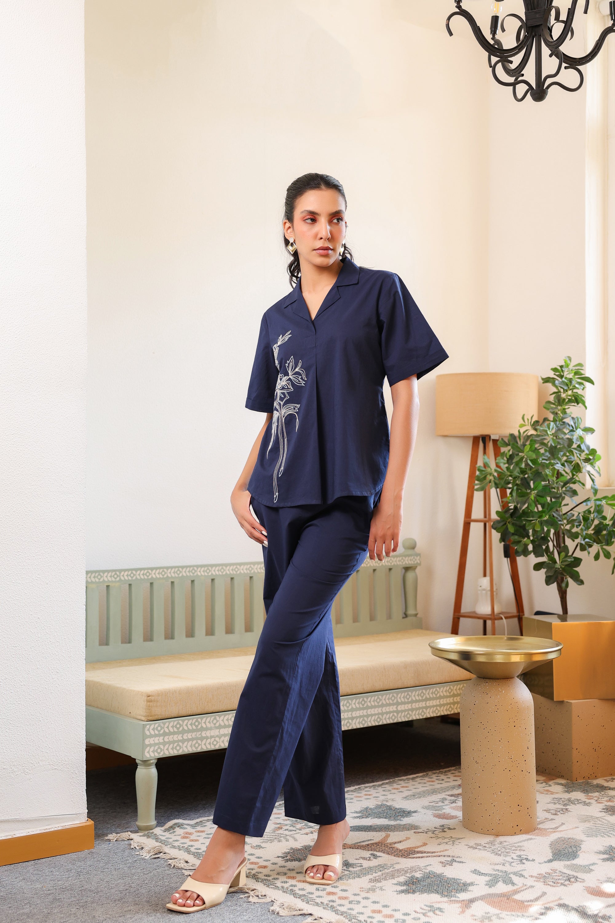 Blue Rosette Charm Embroidered Cotton Co-ord Set