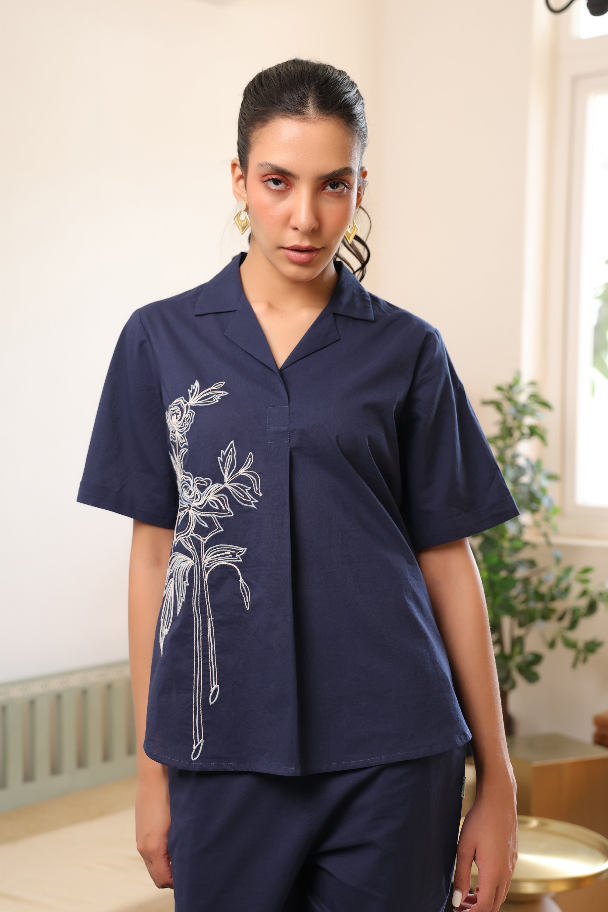 Blue Rosette Charm Embroidered Cotton Co-ord Set