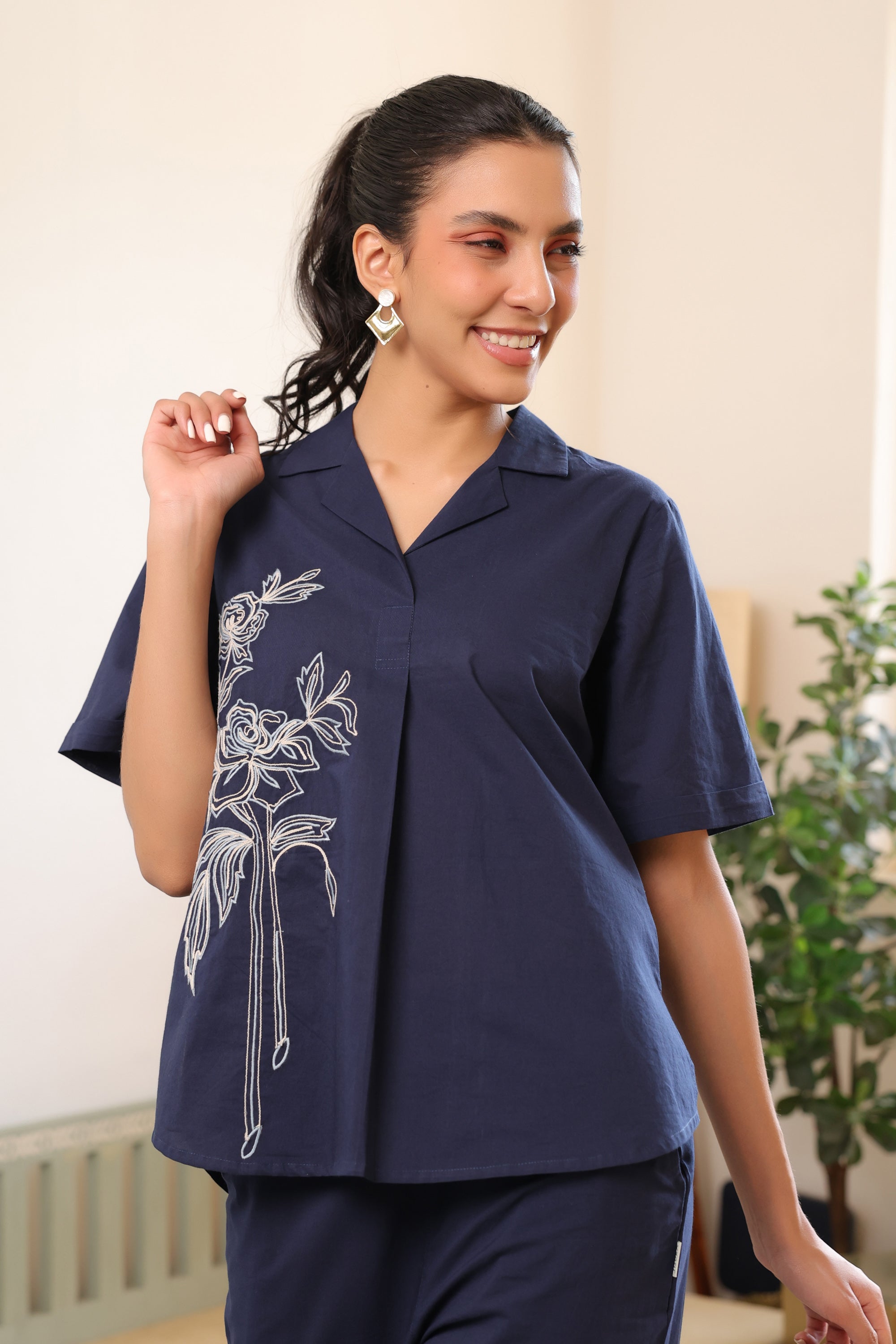 Blue Rosette Charm Embroidered Cotton Co-ord Set